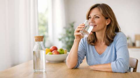 Frau um die 40 trinkt Wasser in heller Küche mit Obstschale – gesunder Lifestyle und ausreichende Flüssigkeitszufuhr