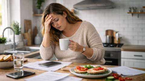 Gestresste Frau am Morgen in der Küche mit Kaffee und gesundem Frühstück mit Vollkornbrot und Gemüse.