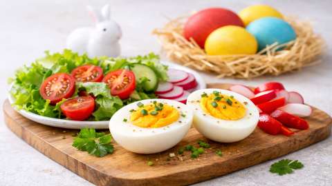 Gesundes Ei: halbiertes gekochtes Ei mit frischem Gemüse, Osterdeko im Hintergrund