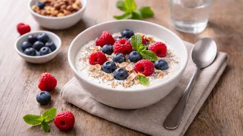 Schüssel mit Skyr oder Topfen mit Beeren und Dinkelflocken – eiweißreiches Frühstück für eine stoffwechselaktive Ernährung.