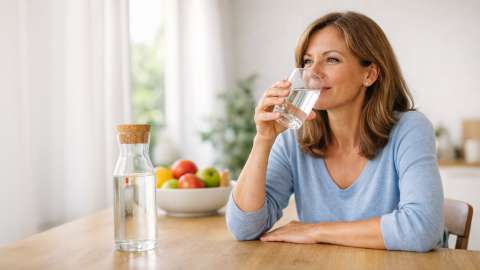 Frau um die 40 trinkt Wasser in heller Küche mit Obstschale – gesunder Lifestyle und ausreichende Flüssigkeitszufuhr