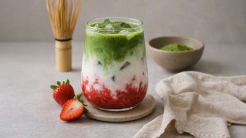 Strawberry Matcha im Glas mit Schichten aus Erdbeerpüree, Milch und Matcha auf Eis, dekoriert mit frischen Erdbeeren und Matcha-Zubehör im Hintergrund.