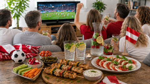 Gesunde Snacks zur Fußball-WM mit Hühnerspießen, Gemüsesticks und Skyr-Dip