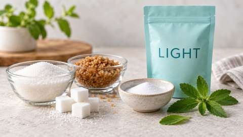 Verschiedene Zuckerarten, Stevia und eine Light-Verpackung
