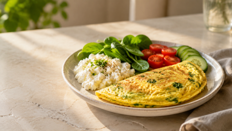 Eiweißreiches Frühstück mit Omelett, Hüttenkäse und Gemüse